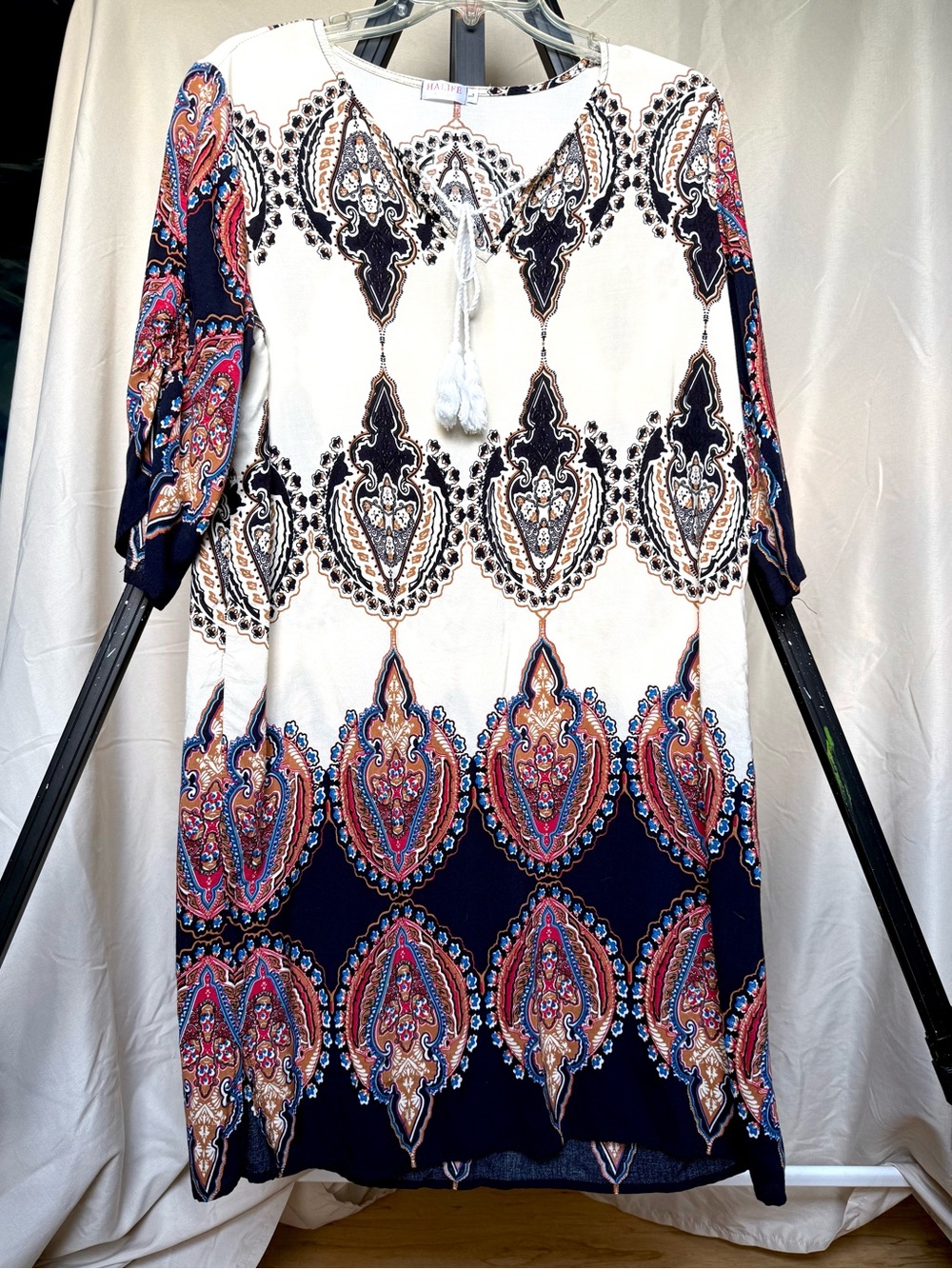Boho Paisley Print Tunic Dress in Navy & White